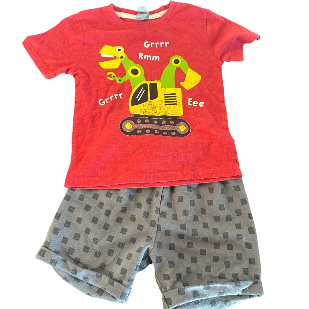 Instant Message Dinosaur Excavator Shirt & Pekkle Shorts Set Toddler 3T Red Grey